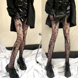 Sexy Socks Women Dark Goth Halloween Fishnet Pantyhose Harajuku Skull Spider Web Patterned Hollow Out Mesh Tights Festival Party 240416