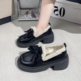 Dress Shoes British Style Thick Soled Cotton 2024 Autumn Winter Bow Knot Plush Women's Anti Slip Small Leather Trafza