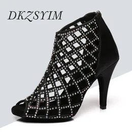 Dance Shoes DKZSYIM Black Latin Women Sparkling Professional Ballroom Salsa Boots Party Rhinestone High Hells