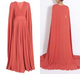 Spring Modest Muslim Long Dress Coral Chiffon Evening Dresses A Line Surplice V Neck Prom Gowns with Cape Sweep Train Custom Made6013134