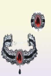 Stylish Lace Choker Velvet Ribbon Wine Red Acrylic Stones Collar Crystal Pendant Necklace for Charm Women1717318