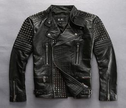 Handmade rivets Men039s motorcycle leather Jacket lapel oblique zipper good quality genuine cowhide leather male Motor coats7331300