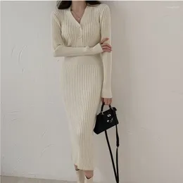 Casual Dresses Autumn Korean Style Elegant Knitted Women Dress V Neck Button Slim Fit Long Sleeve Solid Color Knitwears 30353