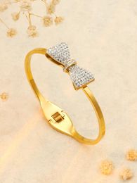 Bangle 1 Piece Zircon Bow Gold Color Bracelets For Women Fashionable Stainless Steel Jewelry Wedding Party Gift 2024