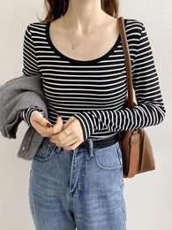 Women's T Shirts Low Collar Black And White Striped Bottom Shirt Female Autumn Winter 2024 Round Neck Slim Fit Long Sleeve Blouse