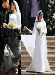 2019 Prince Meghan Markle Long Sleeves Wedding Dresses 2018 Simple Satin Bateau Neck Long Bridal Wedding Gowns Court Train C2260428