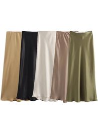 Willshela Women Fashion Satin Solid Pleated Midi Skirt Vintage Mid Elastic Waist Female Chic Lady Skirts 240416