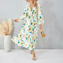 Casual Dresses Women Floral Print Long Dress V-Neck Sleeve Bohemian Summer Puff Beach Party