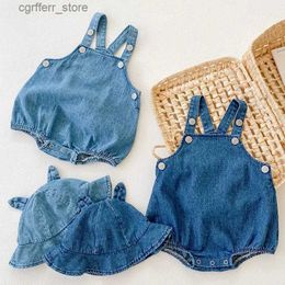 Rompers Spring Summer New Kids Clothes Baby Girls and Baby Boy Girl Denim Suspender Romper + Hat 0-2 Years Old Cotton Jumpsuit L410