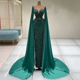 Cape Hunter Green Long Sleeves Evening Dresses Arabic Dubai Mermaid Beaded Elegant For Women Prom Party Gown