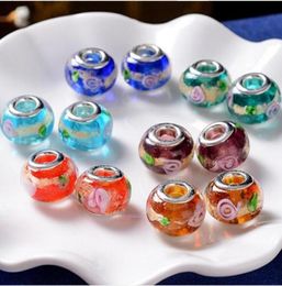 100pcs Lot Fashion Round Foil Flower Lampwork Glass Big hole Beads Fit European Charm Bracelet DIY Jewelry Gift GB063418647