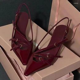 Dress Shoes Elegant Belt Buckle Strap Pointed Toe High Heel Pumps 8.5cm Low Heels Slingback Patent Leather Women Burgundy Black