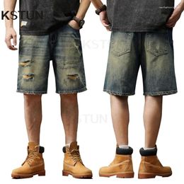 Men's Jeans Summer Short Men Denim Shorts Loose Fit Wide Leg Hip Hop Distressed Hollow Out Knee Length Pants Vintage