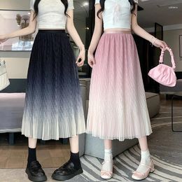 Skirts Real Pos Gradient Mesh Skirt Girls Elastic Waist Pleated Long A-Line Slim Women Clothing