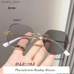 Sunglasses Anti Blue Light High-definition Far Sight Eyeglasses Photochromic Frameless Reading Glasses Fashion Cut Edge Reading Eyewear Y240416