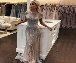 Jewel Sequin Bling Bling Crystals Mermaid Long Evening Dresses 2020 Short Sleeves Tulle Pageant Dresses Formal Gowns robe de soire3556766