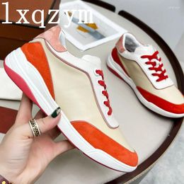 Casual Shoes Genuine Leather Women Sneakers Color Blocking Flat Platform Patchwork Outdoor Walk Mix Footwear Mujer