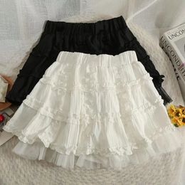 Xpqbb Kawaii Lace Short Skirt for Women White Fairycore Lolita Mini Woman High Waist Cute Ruffle Pleated Skirts 240416