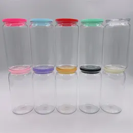 Unbreakablea 16oz Clear Plastic Can Cups Acrylic Tumbler Reusable BPA Free Mason Sippy Cup Cold Juice Jar Coffee Travel Mugs With Coloured Lids For UV DTF Wraps