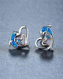 Stud Blue Opal Love Heart Wedding Earrings Cute Animal Double Dolphin Classic Rose Gold Silver Colour For Women3627721