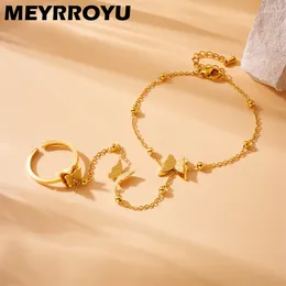Link Bracelets MEYRROYU 316L Stainless Steel Gold Colour Wrist Chain Finger Ring For Women Girls Butterfly Decorative Fashion Bracelet