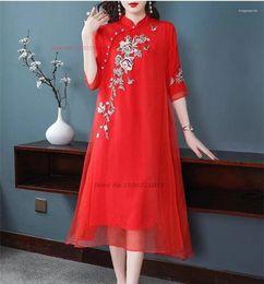 Ethnic Clothing 2024 National Flower Embroidery Cheongsam Chinese Improved Chiffon Qipao Dress Traditional Vintage Banquet Evening Vestido