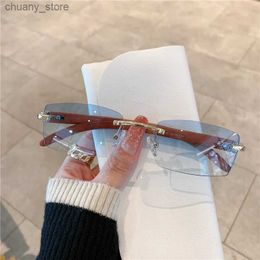 Sunglasses KAMMPT Rimless Sunglasses For Men Women Wooden Pattern Luxury Brand Retro Sun Glasses Fashion Shades UV400 Travel Outdoor Y240416