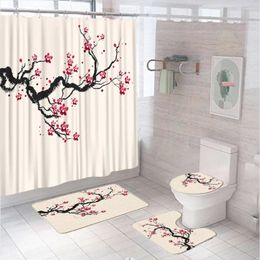 Shower Curtains 4Pcs Pink Plum Cherry Blossom Floral Curtain Sets Watercolour Flowers Bathroom With Bath Mat Rug Lid Toilet Cover