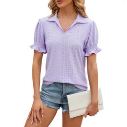 Women's T Shirts Ladies Casual Fashion Sexy Solid Colour Lapel Short Sleeves Gathered Loose-Sleeves Youthful Woman Clothes Clothing 2024
