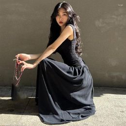 Casual Dresses Summer Square Neckline Pleated Black Dress For Women Large Hem Female Clothing Waist Slim Mesh Suspender