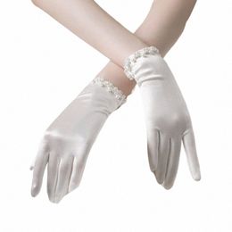 elegant Women Wedding Bridal Short Gloves Full Finger Pearls Wrist Length Costume Prom Party Gloves 62gR#