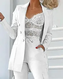 Women's Two Piece Pants Commuting Suit 2024 Spring/summer Latest Elegant Notched Collar Long Sleeved Button Blazer Coat&pocket Design Set