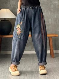 Women's Jeans Autumn Fashion Floral 2024 Ladies Embroidery Striped Loose Denim Pants Washed Casual Vintage Harem Trousers Elastic