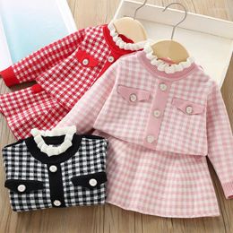 Clothing Sets Autumn Spring Baby Girls Plaid Print Knitted Sweater Skirt 2PCS Set Cardigan Long Sleeves