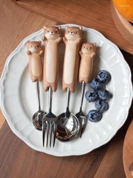 Forks Chai Gou Spoon And Fork Set Children's Cute Cartoon Rice Salad Pasta Dessert Solid Wood A Must-have At Home