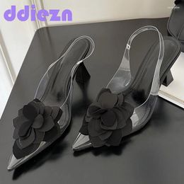 Dress Shoes Flowers Slingbacks Pumps Women Heels Slip On Footwear Female Transparent Pointed Toe Fashion Ladies High 2024