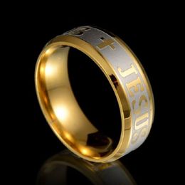 whole 36pcs Mens Jesus Christ Gold plating Etching high quality Inside Polished Stainless Steel Band Rings174F