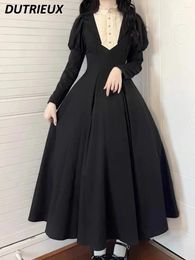 Casual Dresses Harajuku Black Vintage Lolita Dress Women Slim Fit Slimming Style Long Sleeve Maxi Autumn Winter