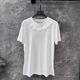 Women's T-Shirt designer series high version pure cotton pullover short sleeved T-shirt with diamond inlaid three-dimensional flower white versatile sweet topAJJM