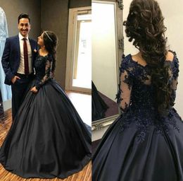 Navy Blue Evening Dresses Prom Gowns 2019 Modest Long Sleeve Yousef Aljasmi Dubai Arabic Prom Dress Floral Lace Applique Party Dre4084567