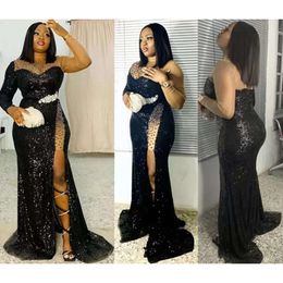 Black Sequins Prom Dresses Long Sleeves Tulle Floor Length Lace Applique High Neck Illusion Custom Made Plus Size Beaded Side Slit Evening Gown Vestidos