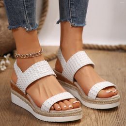 Dress Shoes 2024 Women's Fashionable Summer Solid Colour One Line Open Toe Slope Heel Elastic Belt Thick Bottom Wedge Casual Sandals