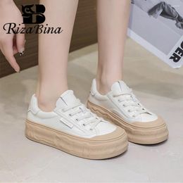 Casual Shoes RIZABINA Women's Sneakers Genuine Leather Platform Thick Sole Breathable Lady Flat Cross Strap Sport White Footwear
