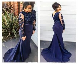 Navy Blue Lace Long New Arrival 2019 Mermaid Formal Evening Dresses Jewel Sexy Back Long sleeve Illusion Appliques Satin Party Dre6683198