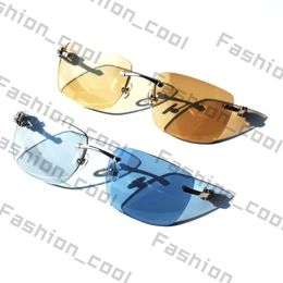 Photochromic Vintage Rimless Sunglasses Men Luxury Carter Glasses Big Square Sunnies for Driving and Fishing Retro Style Shades Wood and Buffalo Horn Temple 823