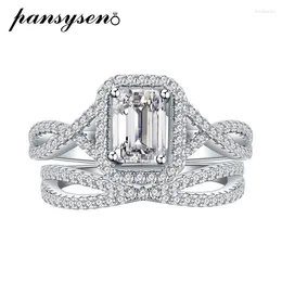 Cluster Rings PANSYSEN Luxury 925 Sterling Silver Emerald Cut High Carbon Diamond Bridal Ring Sets For Women Wedding Party Fine Jewellery Gift