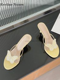 Slippers Bow Rhinestone Shallow Yellow Slides Flip Flops Medium Heel Side Air Slingback Women's Sandals Solid Slip On Shoes 2024 Trend