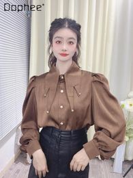 Women's Blouses Elegant White Shirt Pointed Collar Button Brown Blouse Female 2024 Spring Stylish Long Puff Sleeve Bottoming Tops