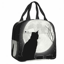 black Cat Looking At The Full Mo Insulated Lunch Tote Bag for Women Animal Carto Portable Thermal Cooler Bento Box F4oD#