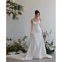 Meerjungfrau Elegantes Spitze Hochzeitskleid trägerlose abnehmbare Ärmel Brida Kleid gegen Halsboden Robe de Mariage